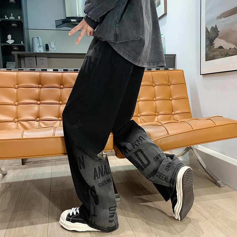 アメリカンハイストリートスタイル グラデーション 英語プリント ジーンズ