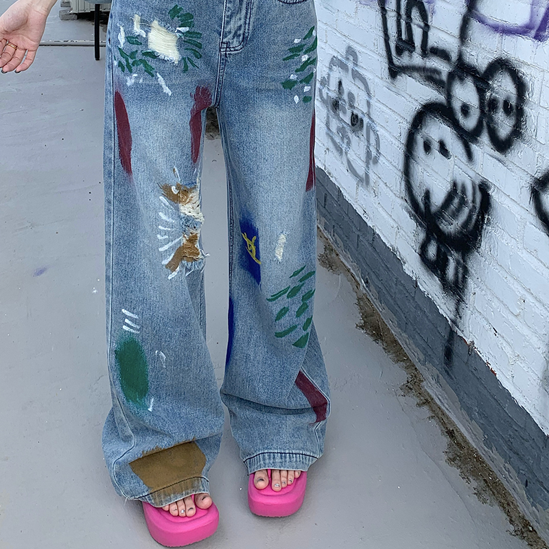 ユニークなデザイン 描きました ハイウエスト ダメージデニムパンツ