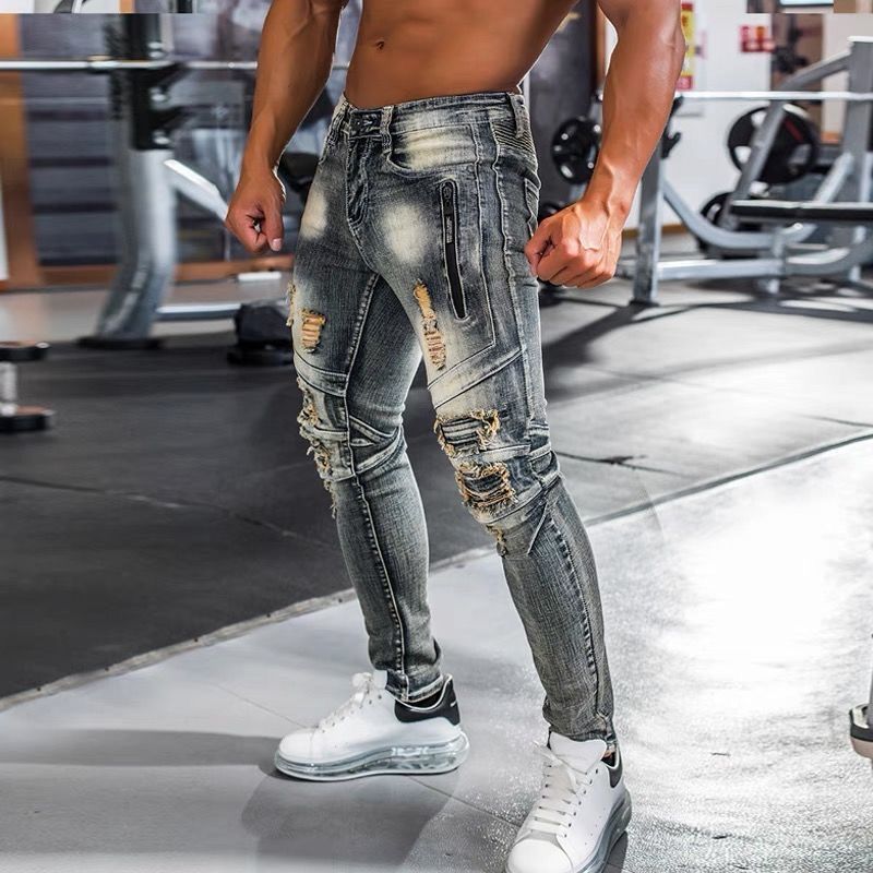 重工業スタイル 超カッコイイ ダメージデニムパンツ