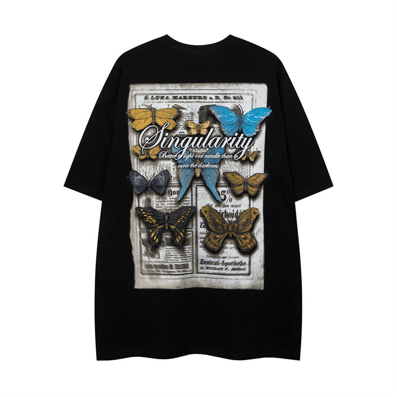 純粋な綿素材 ハイストリートスタイル バタフライプリント 半袖シャツ