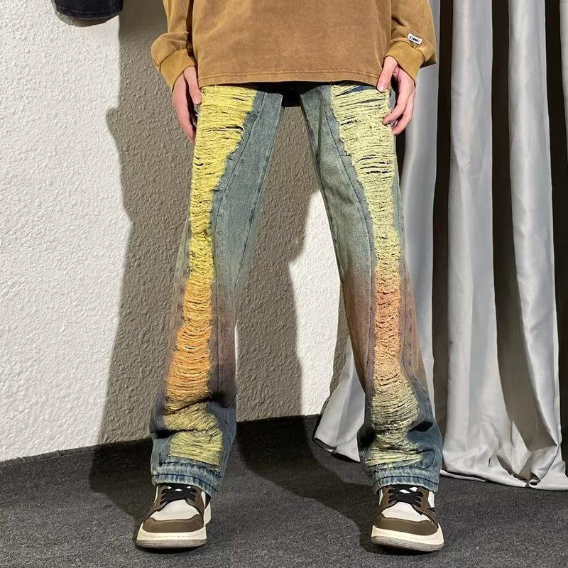 トレンドブランド コントラストカラー ユニークなデザイン ルーズフィットデザイン ダメージデニムパンツ