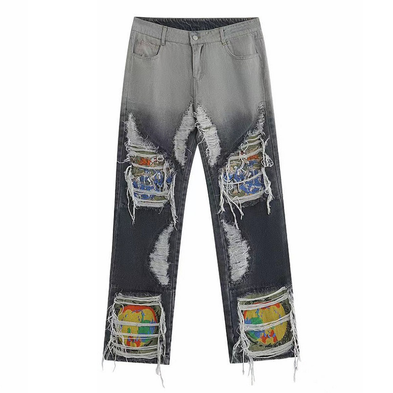 小衆の設計ヒップホップ風ダメージデニムパンツ