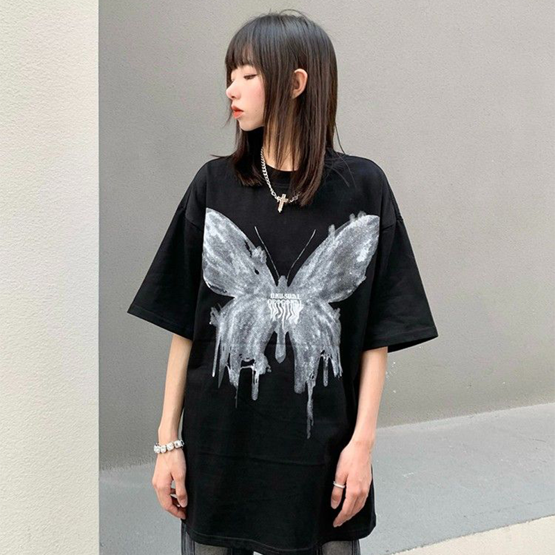 アメリカンハイストリートスタイル 純粋な綿素材 落書き風 蝶 半袖シャツ