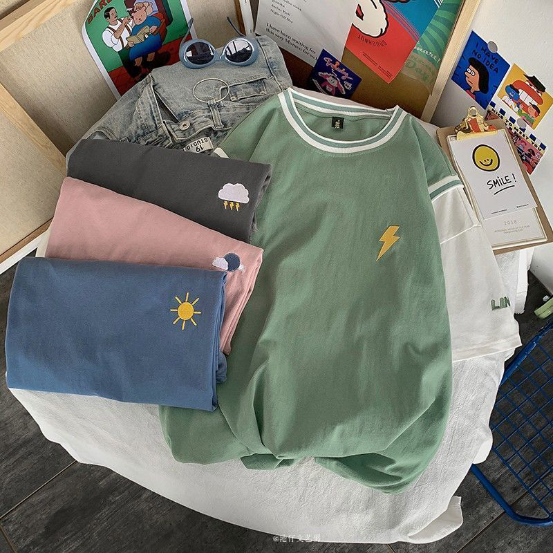 INS大人气  コントラストカラー 天気アイコンの刺繍 半袖シャツ