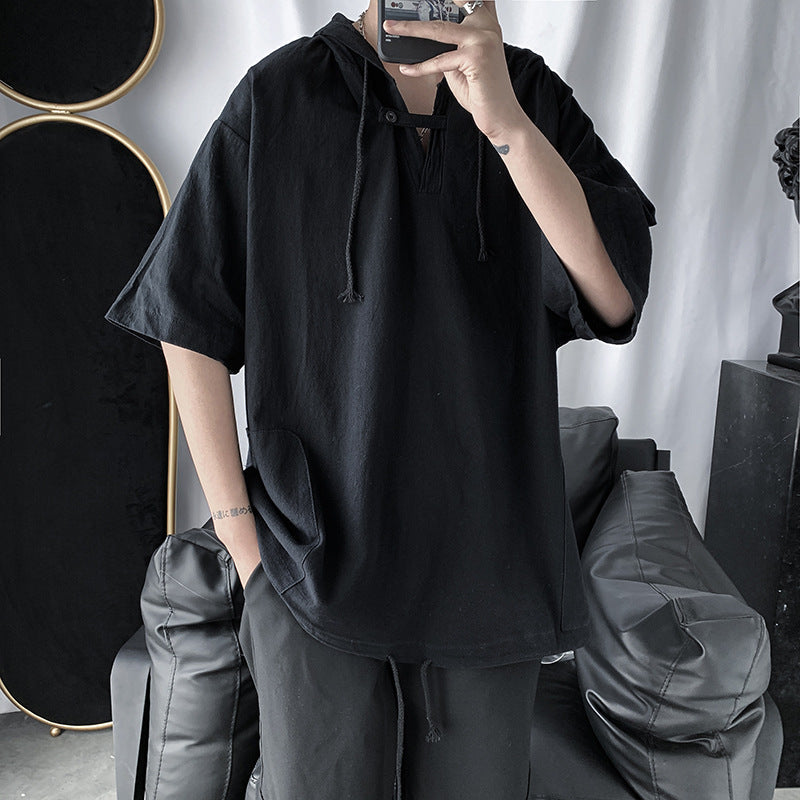 ハイストリートスタイル ユニークなデザイン キャップ付き半袖シャツ