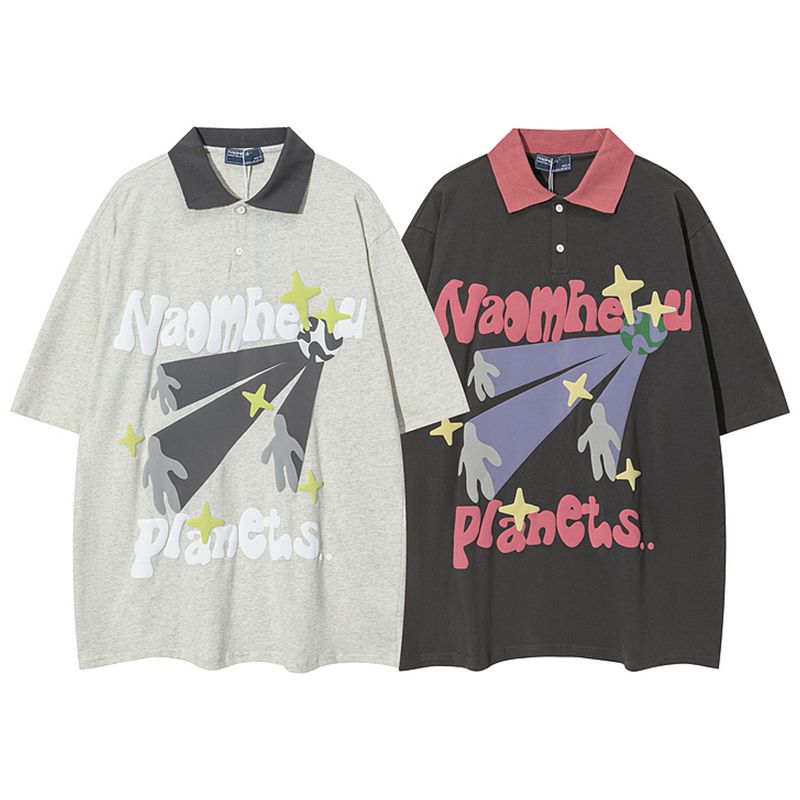 コントラストカラー かわいい漫画の英語 カジュアル  半袖シャツ