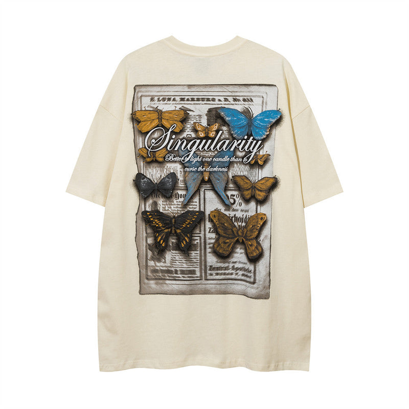 純粋な綿素材 ハイストリートスタイル バタフライプリント 半袖シャツ