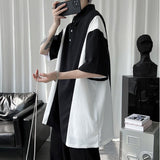 INS だるいスタイル 黒と白 韓国ファッション半袖シャツ
