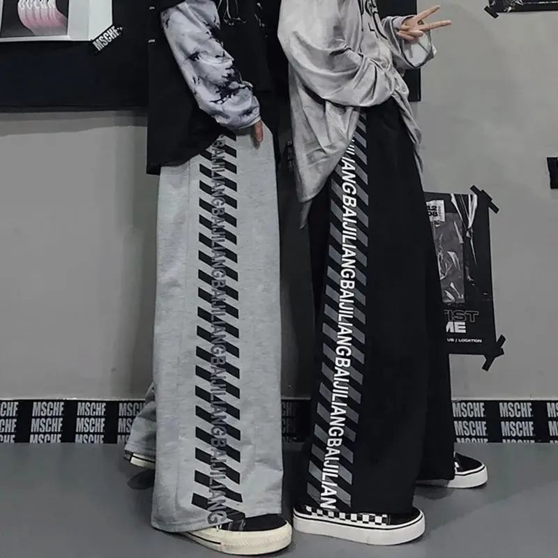 韓国ファッション ストリートスタイル コントラストカラー 英語プリント カジュアルパンツ