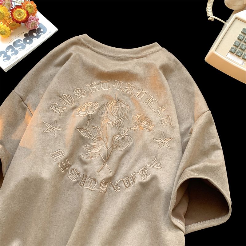 スエード 刺繍バラ カジュアル ファッション 半袖シャツ