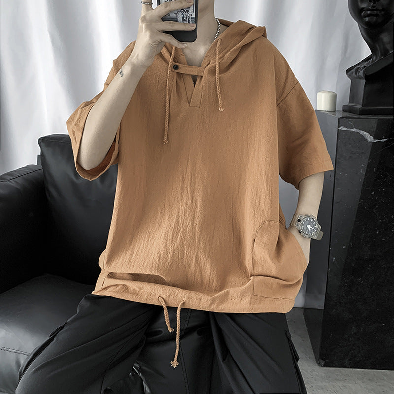 ハイストリートスタイル ユニークなデザイン キャップ付き半袖シャツ