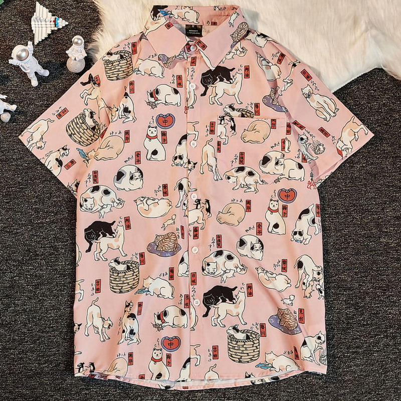 ヴィンテージスタイル かわいい猫 カジュアル 半袖シャツ