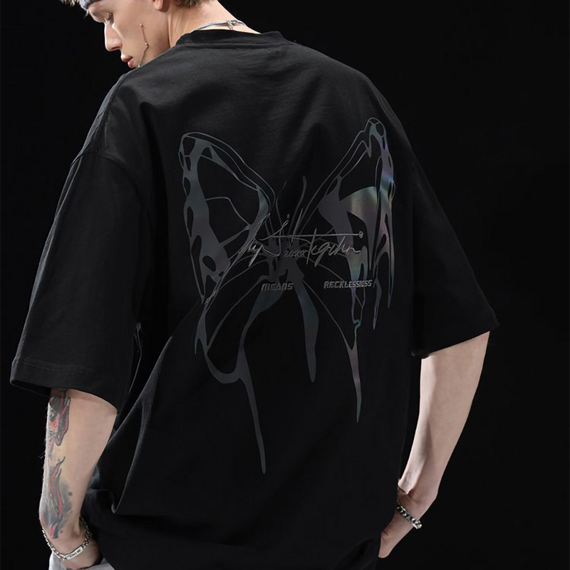 アメリカンスタイル ハイストリートスタイル カラフルな発光蝶 半袖シャツ