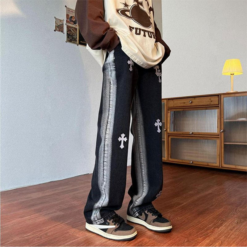 ストリートスタイル コントラストカラー クロスパターン ジーンズ