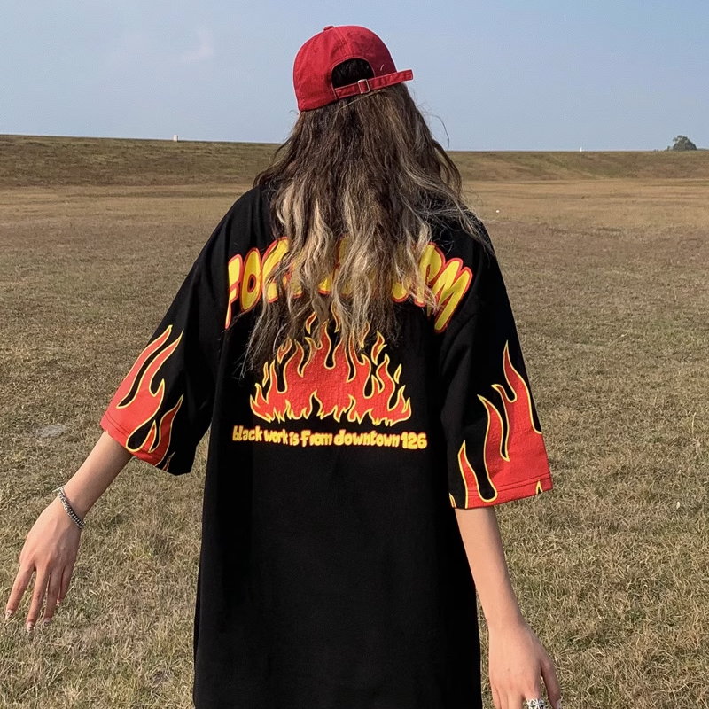 超カッコイイ アメリカンスタイル 火炎模様 トレンドブランド  半袖シャツ