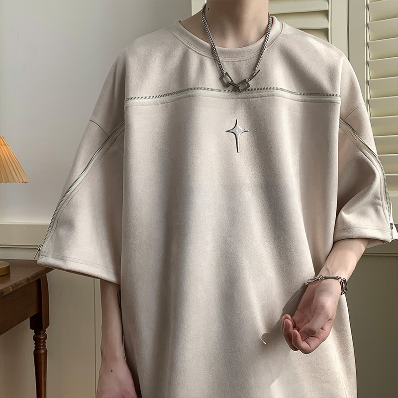 高品質 スエード ユニークなジッパーデザイン ファッション半袖シャツ