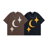 ユニークなデザイン 星と月 縫合 カジュアル 半袖シャツ