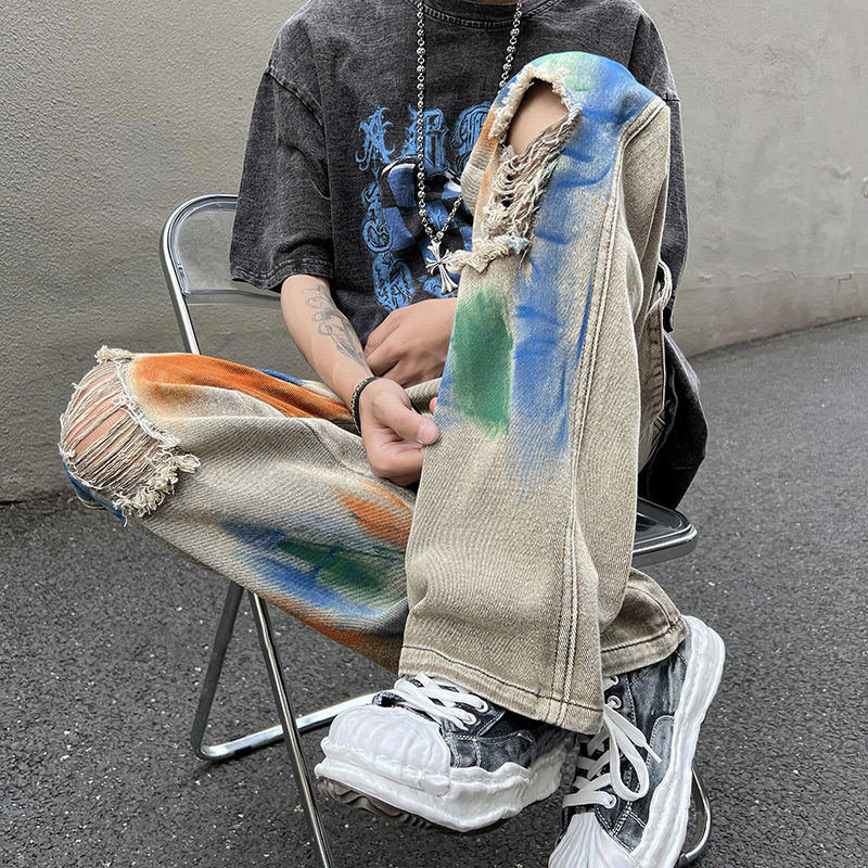 欧米 ストリートスタイル 絞り染め風 カジュアル ダメージデニムパンツ