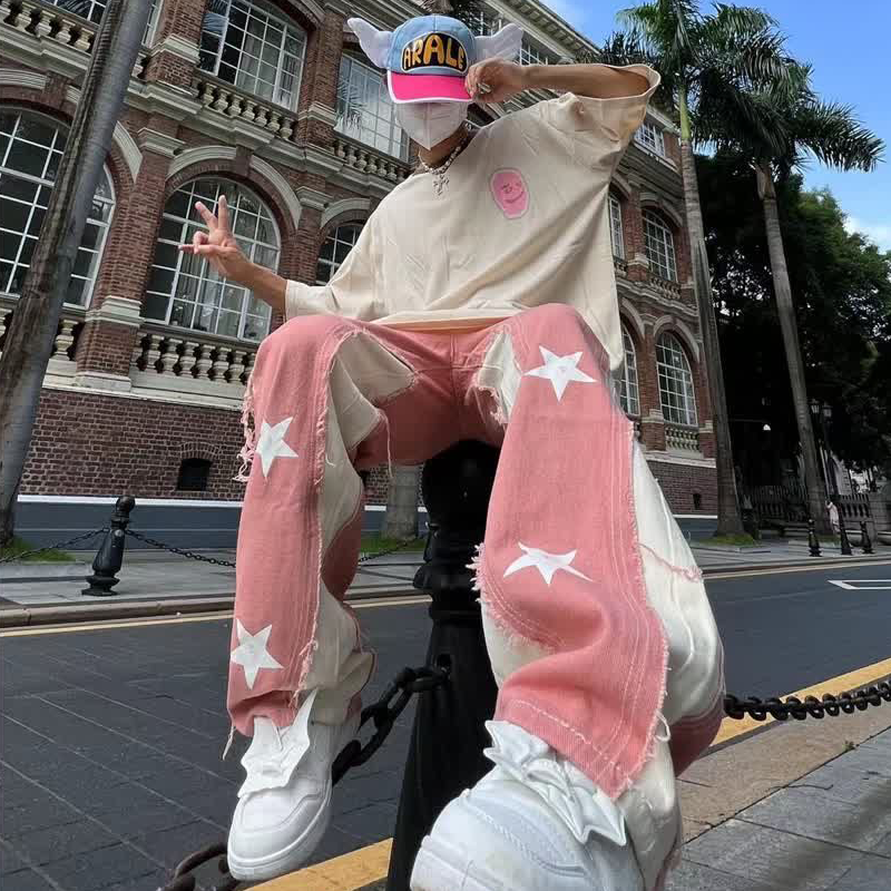 アメリカンストリートスタイル 五芒星 ピンク ジーンズ