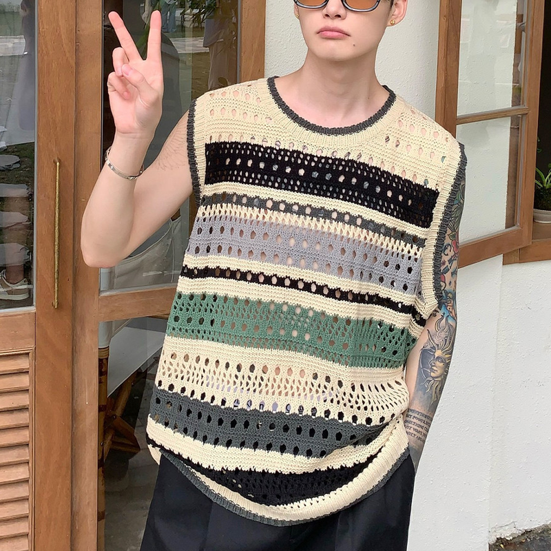 透かし彫り カラー カジュアル タンクトップ