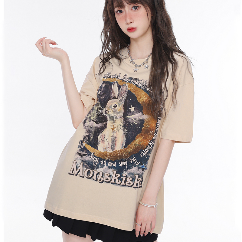 アメリカンスタイル トレンドブランド かわいいうさぎの絵柄 半袖シャツ