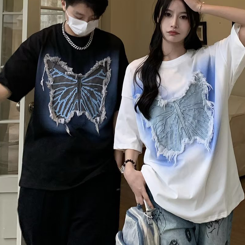 人気商品 カップル 刺繍 青い蝶 半袖シャツ