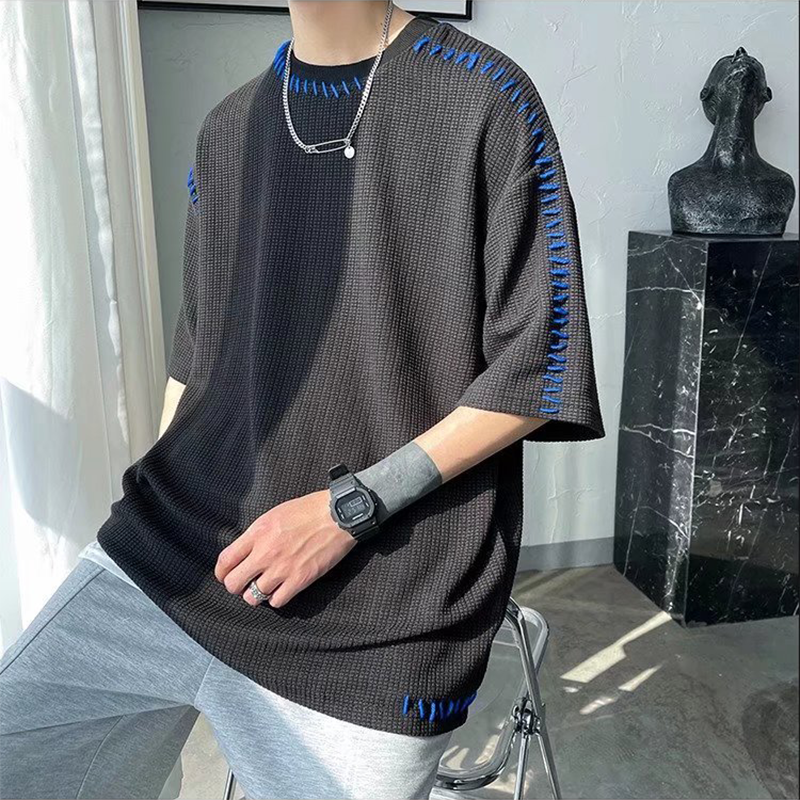 INS 個性的 縫い目のデザイン カジュアル ワッフル 半袖シャツ