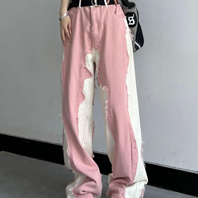 スプライシング風INSハイウエストルーズフィットデザインジーンズ