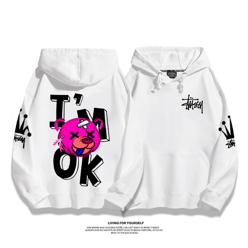 トレンディなデザイン 負傷したクマ プリント柄フード付きパーカー