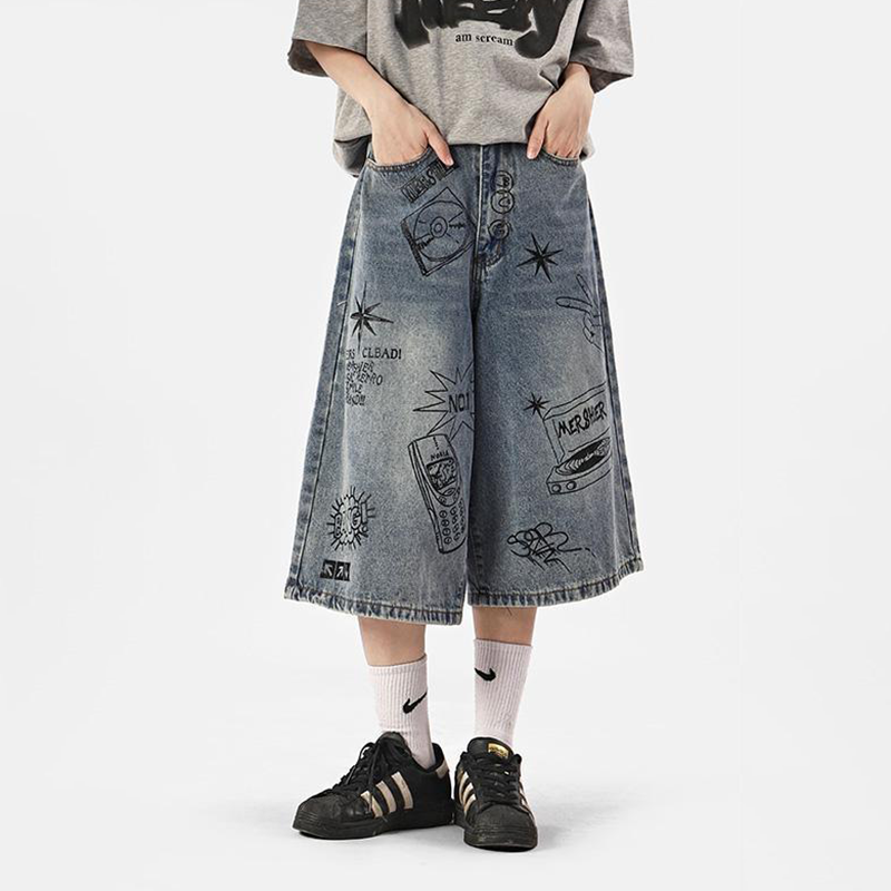 落書き風 カジュアル 七分丈パンツ ワイドパンツ