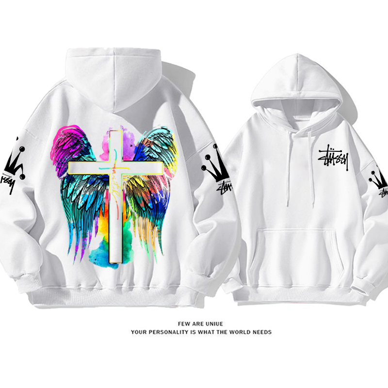 カラフルな羽 プリント柄フード付きパーカー