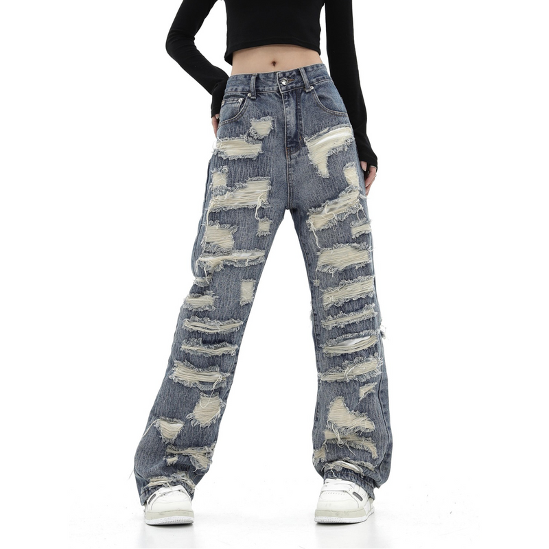 アメリカンハイストリートスタイル 超カッコイイ ダメージデニムパンツ