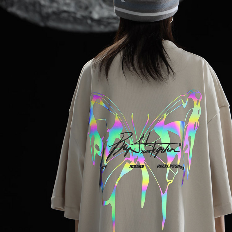 アメリカンスタイル ハイストリートスタイル カラフルな発光蝶 半袖シャツ