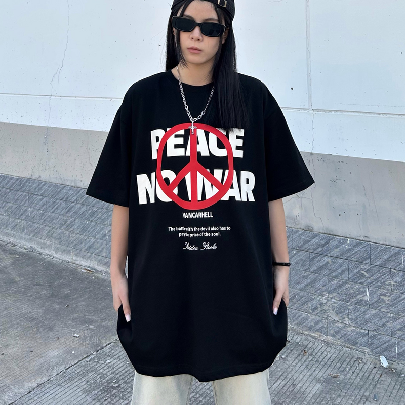 英語プリント 世界平和 カジュアル 半袖シャツ