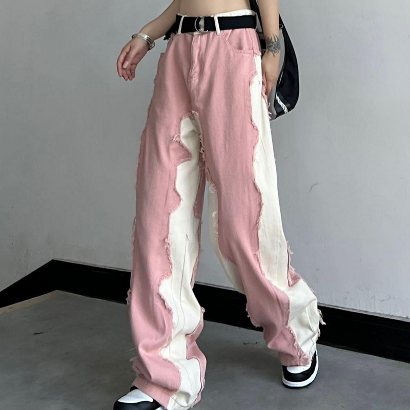 スプライシング風INSハイウエストルーズフィットデザインジーンズ