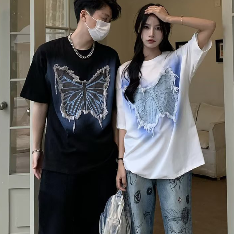 人気商品 カップル 刺繍 青い蝶 半袖シャツ