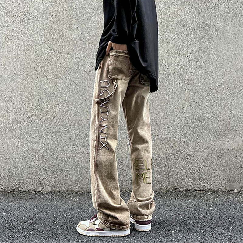 ハイストリートスタイル 英文刺繍 カジュアル ジーンズ