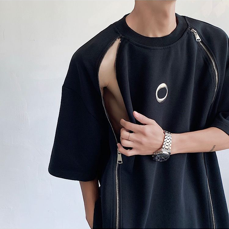 韓国ハイファッションセンス アドバンスド  ダブルジッパー 半袖シャツ