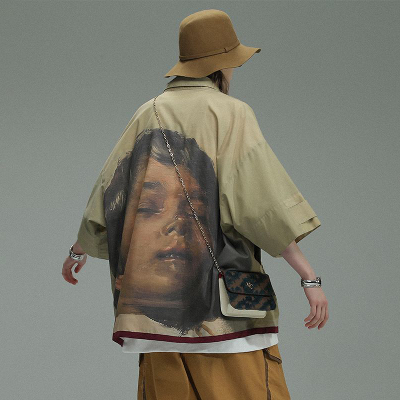 油絵風 眠っている子供 ハイファッションセンス カジュアル 半袖シャツ