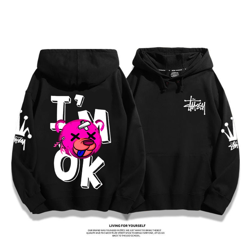 トレンディなデザイン 負傷したクマ プリント柄フード付きパーカー