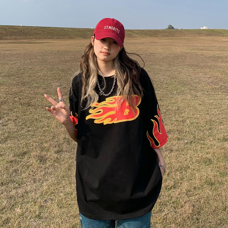 超カッコイイ アメリカンスタイル 火炎模様 トレンドブランド  半袖シャツ