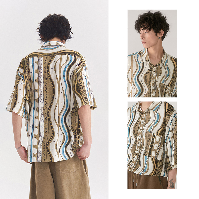 欧米 レトロ カレッジスタイル カジュアル 半袖シャツ