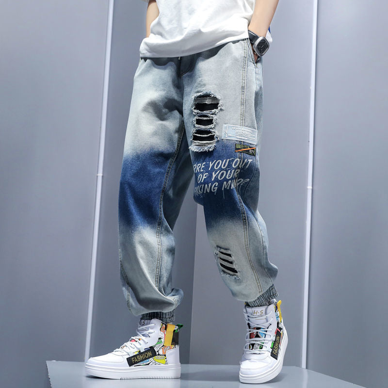 INSで大人気　インスタ映え 欧米風 英字プリント ダメージデニムパンツ