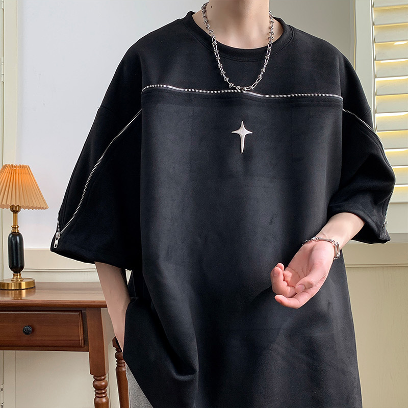 高品質 スエード ユニークなジッパーデザイン ファッション半袖シャツ