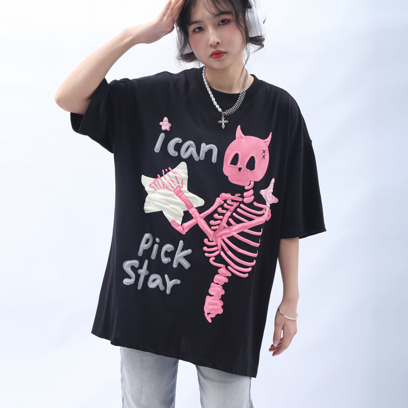 星を拾う骸骨 かわいいデザイン カジュアル 半袖シャツ