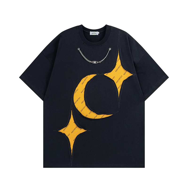 ユニークなデザイン 星と月 縫合 カジュアル 半袖シャツ