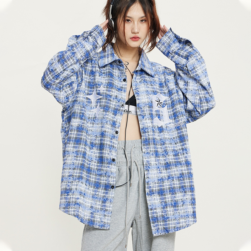 絞り染め風 チェック柄 カジュアル シャツ