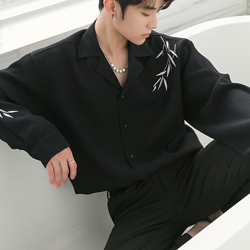 韓国ファッション 笹の葉刺繍 ワッフル シャツ