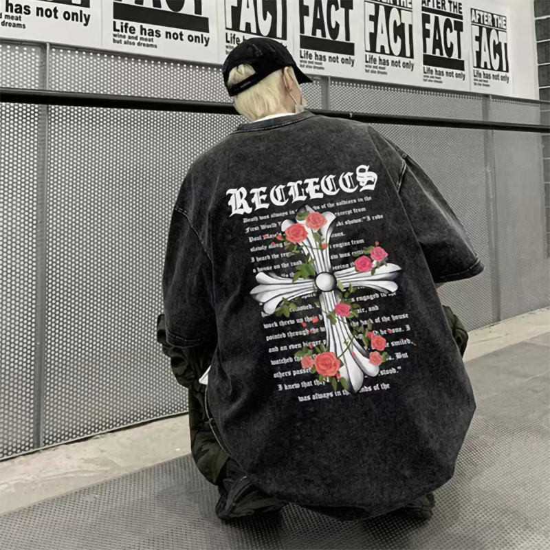 十字架とバラ アメリカンスタイル 英語プリント 半袖シャツ