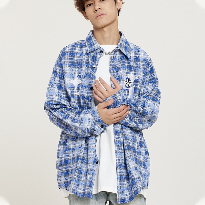 絞り染め風 チェック柄 カジュアル シャツ